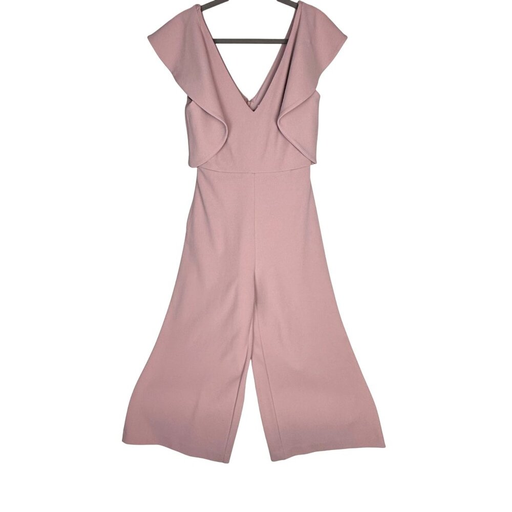 Badgley Mischka Women's V-Neck Jumpsuit Ruffle Crop Wide Leg Size 8